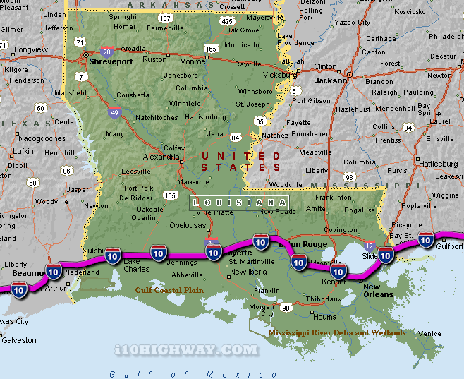 Road Map Of Texas And Louisiana I-10 Louisiana Map