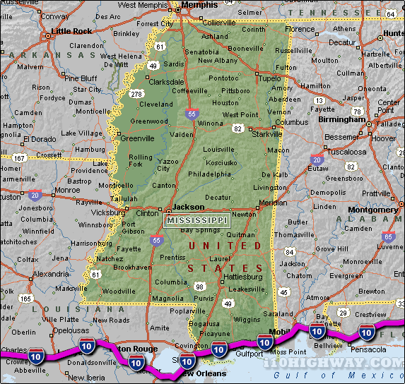 i-10 Mississippi Map